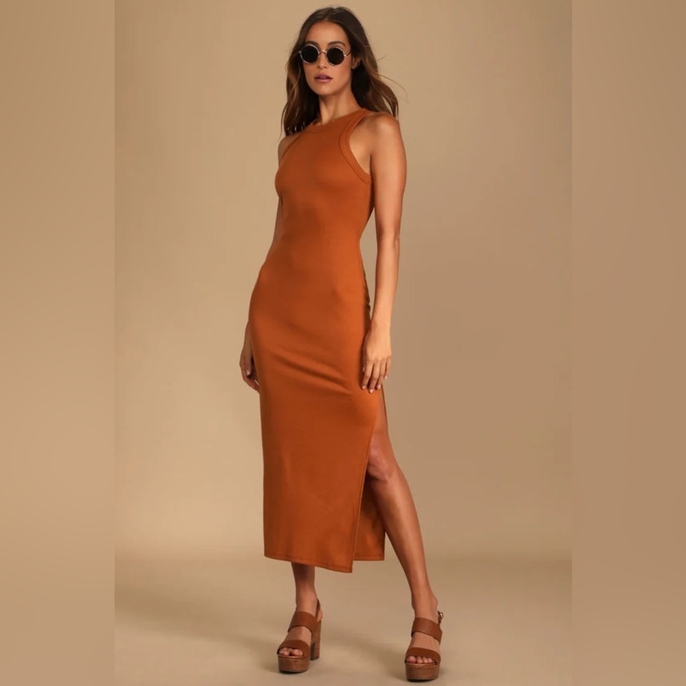Betting Game Rust Brown Ribbed Sleeveless Midi Dress